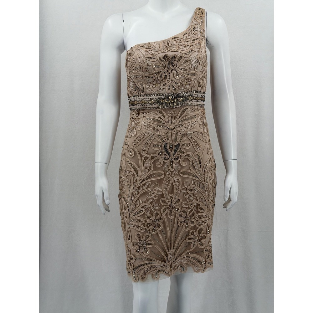 Sue Wong Nocturne Dress Womens 8 Champagne One Shoulder Beaded‎ Lace Cocktail